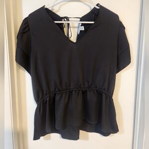 Nine West Black V-Neck Tie-Back Peplum Blouse